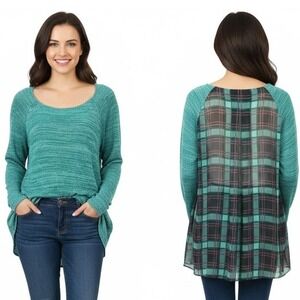 BLEU Womens Teal Plaid Knit Chiffon Long Sleeve Pullover Sweater Top Size‎ Large